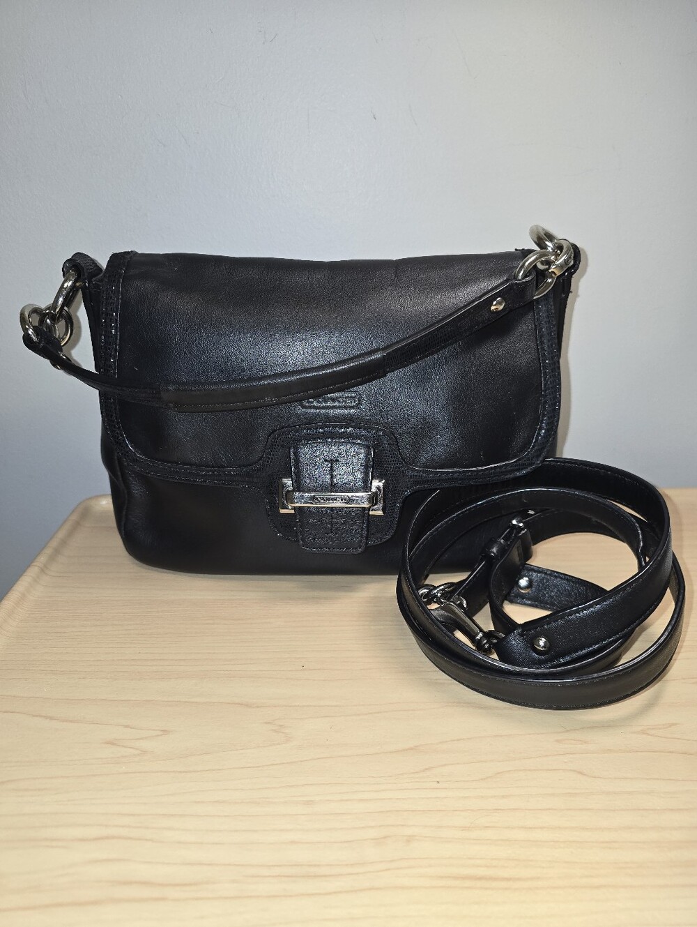 COACH F25206 Taylor Soft Black Leather Flap Convertible Crossbody Purse *read*